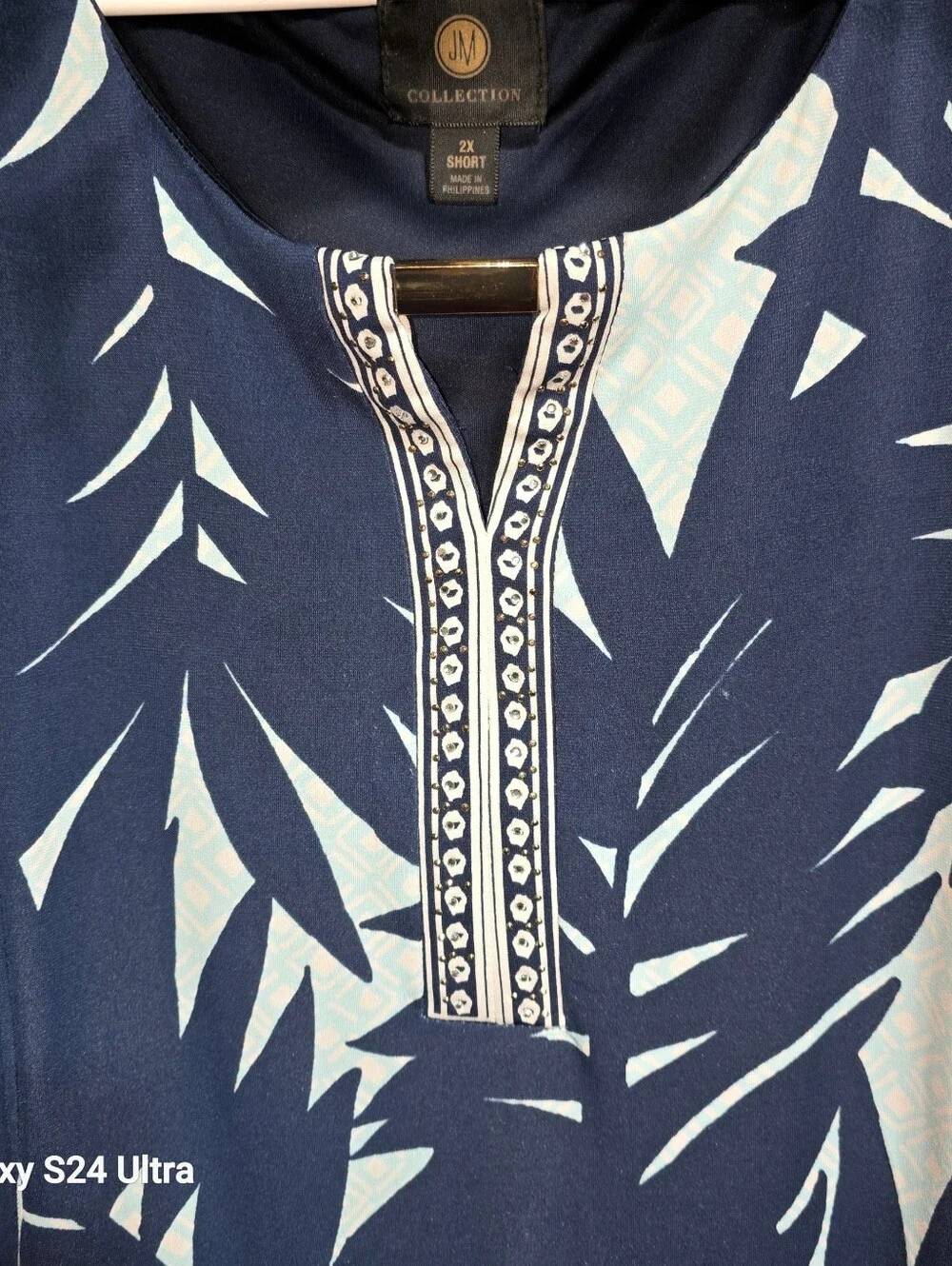 JM Collection plus size sleeveless A-line dress in navy and Lt Blue palm Print - Picture 5 of 11